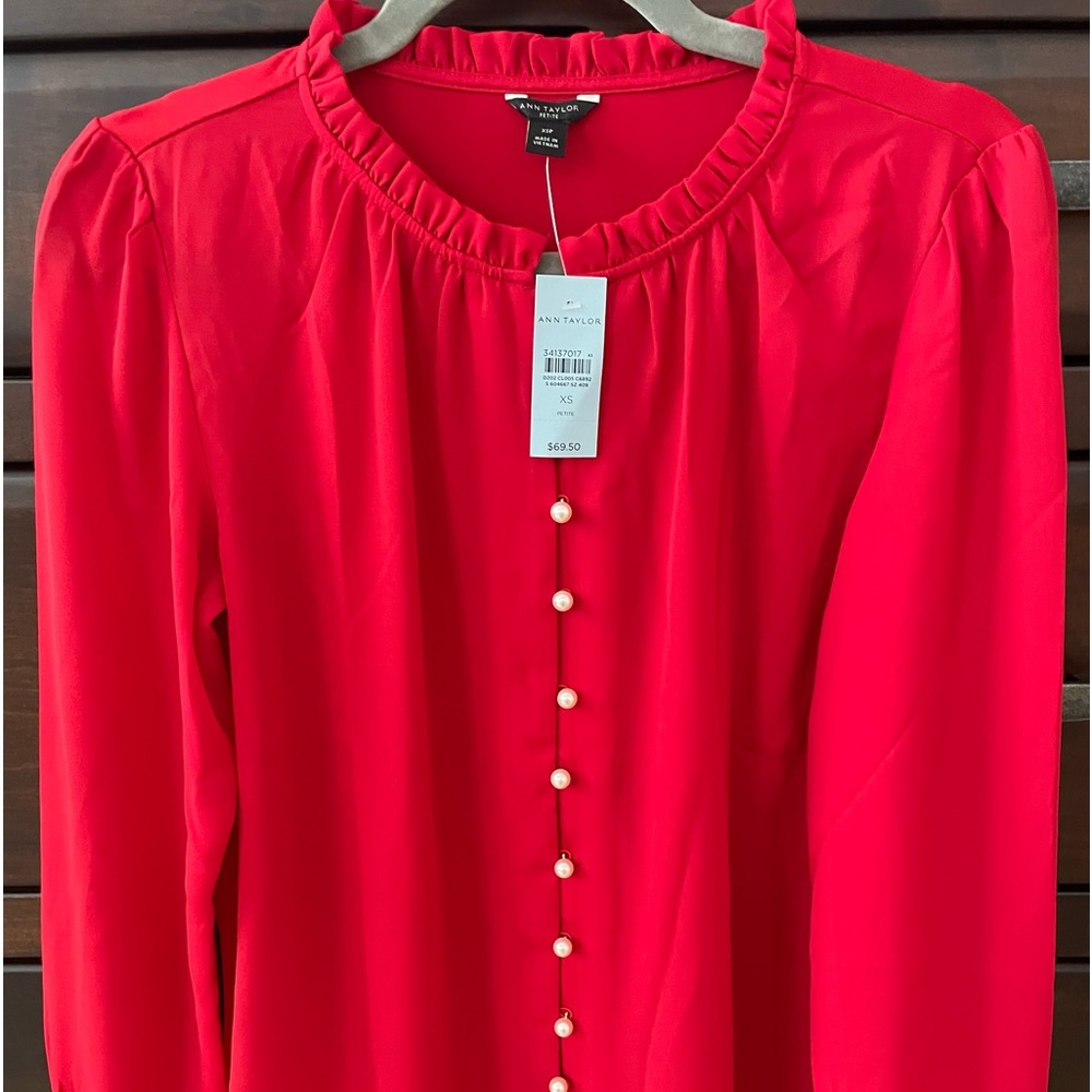 XSP ANN TAYLOR NWT!  Red blouse with white “pearl” buttons.